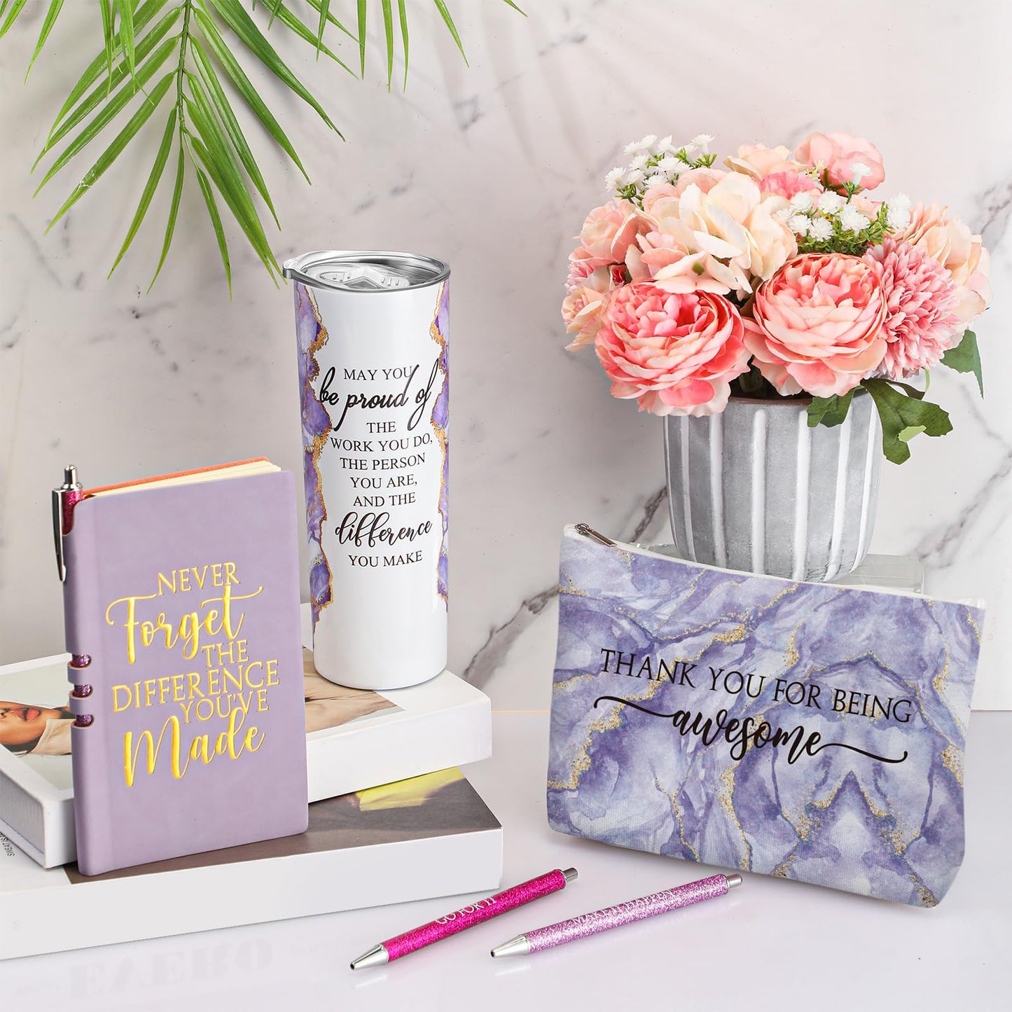 Domensi 6 Pcs Employee Appreciation Gift Set for Women Female Thank You Gift May You Be Proud 20 oz Rustic Marble Sign Tumbler Makeup Bag Journal for Nurse Lady Work Business(Purple)