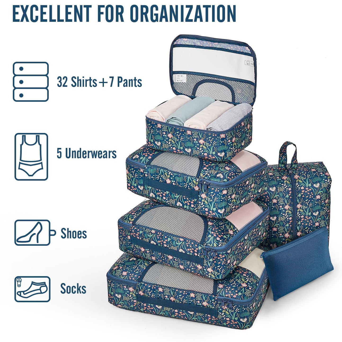 Veken 8 Set Packing Cubes for Travel Essentials, Suitcase Organizer Bags in 4 Sizes, Carry-On Luggage Accessories with Large Laundry & Hanging Toiletry Bag, Must-Have for Airplane, Road Trip & Camping