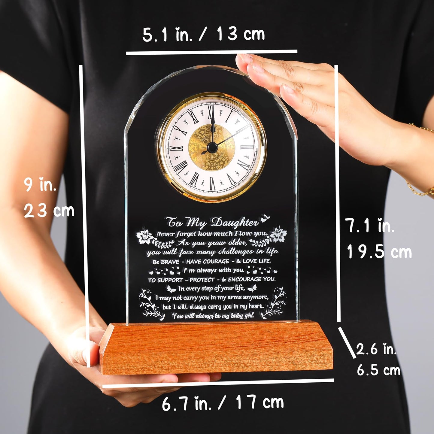 Arikyrist Daughter Gifts from Mom Dad Glass Daughter Clock with Wooden LED Light Base Inspirational Birthday Christmas Graduation Gift for Daughters Lovely Decor for Table Home