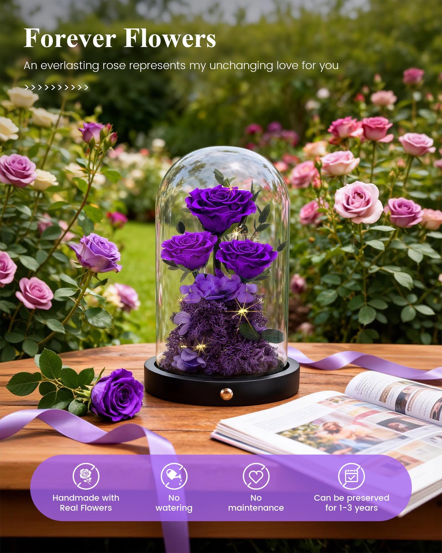DENIMOMO Mothers Day Roses Gifts for Mom,Forever Purple Preserved Rose in Glass Dome,Mothers Day Real Flowers Roses Gifts for Wife Women Mom Grandma/Purple