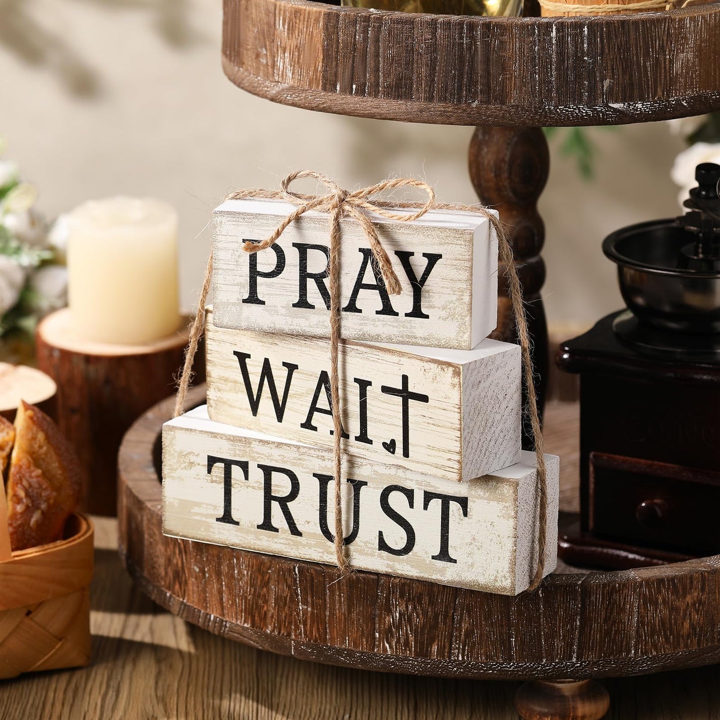 CroBlissful 4 Pcs Farmhouse Table Decor Christian Religious Gifts Bible Verse Decorative Sign Mother's Day Inspirational Pray Wait Trust Gifts Table Centerpiece for Home Kitchen Shelf Mantle