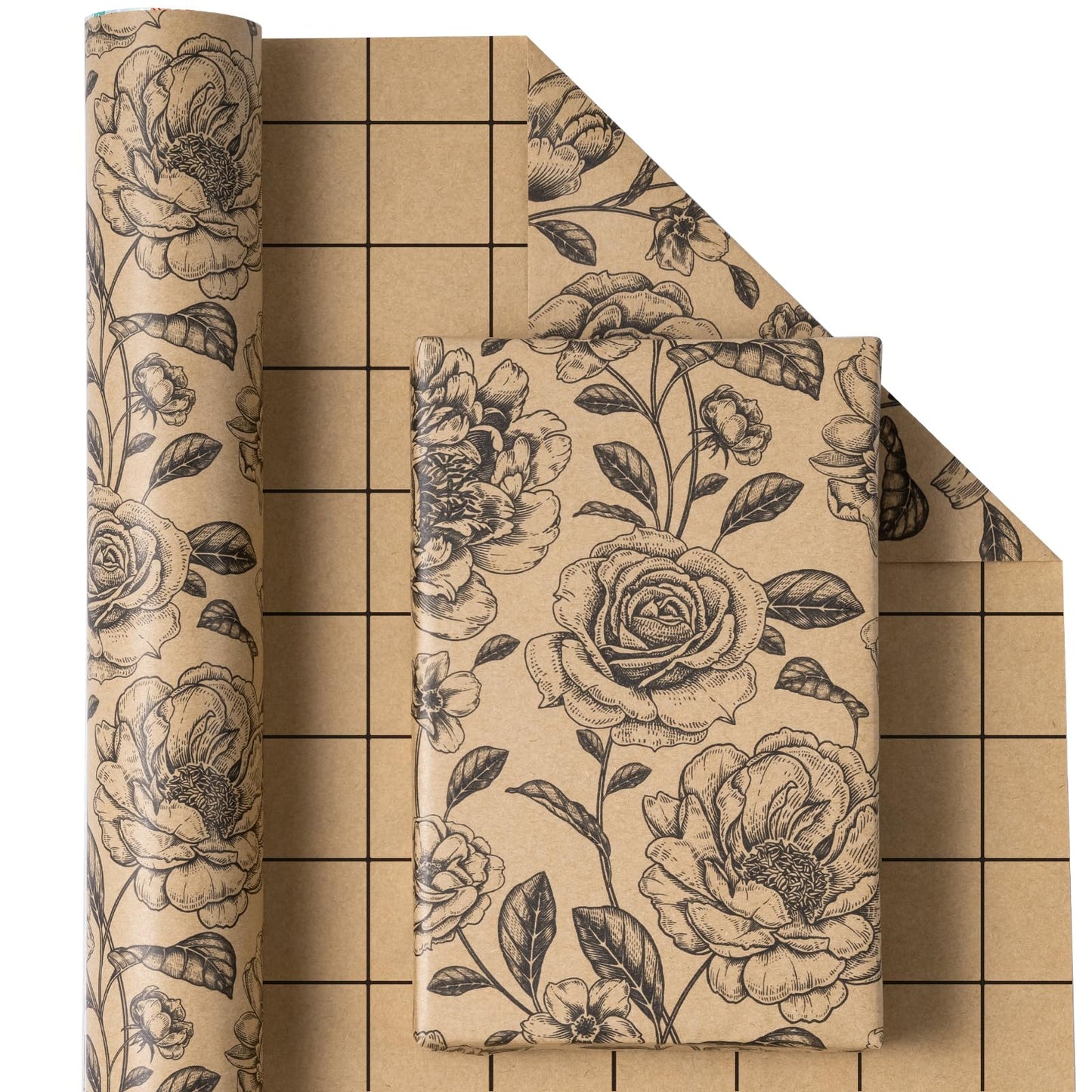 WRAPAHOLIC 30 Inch Kraft Floral Wrapping Paper Roll - 30 Inch x 33 Feet - Vintage Black Flower Wrapping Paper for Birthday, Bridal Shower, Wedding, Baby Shower