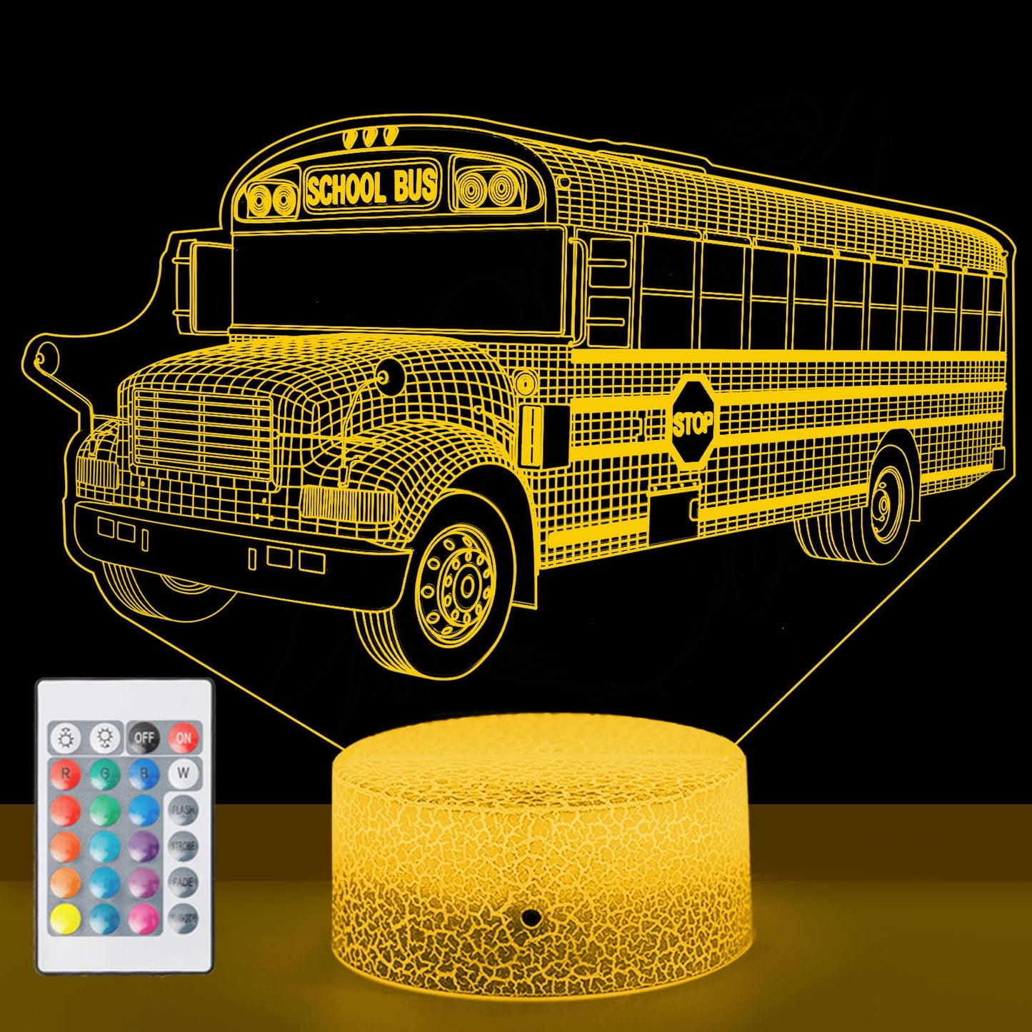 School Bus Night Light Bus Driver Appreciation Gifts Bedside Lamp 3D Illusion Lamp with 16 Colors & Flashing Modes with Remote Control Opreated Dimmable, Boys Girls Room Decoration, Holiday Xmas Gifts