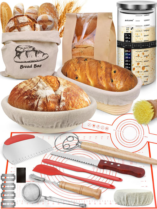 Sourdough Bread Baking Kit - Breads Making Tools - Complete Sourdough Starter Kit with Proofing Baskets, Jar, Dough Whisk, Pastry Mat, Bread Knife & Tools - Gifts for Bakers Women & Moms