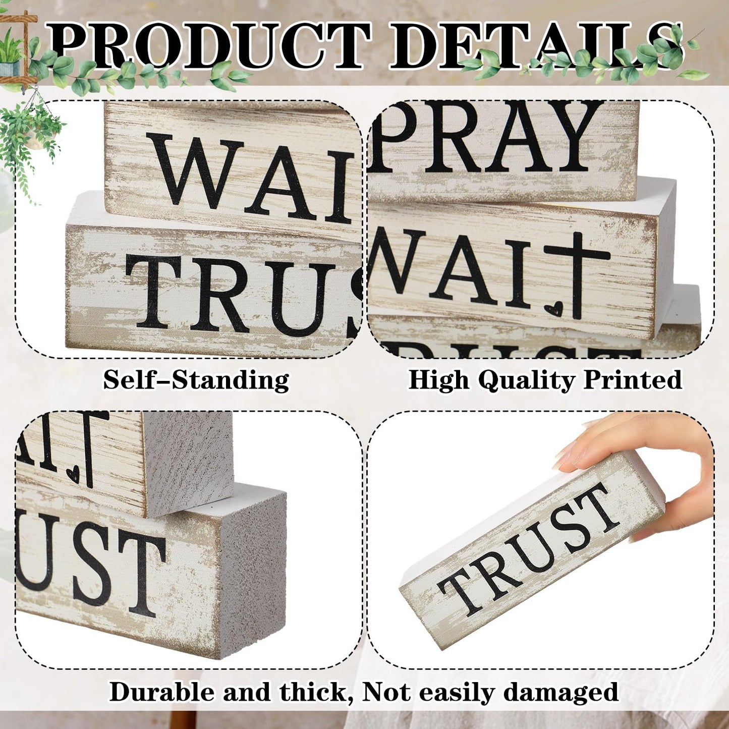 CroBlissful 4 Pcs Farmhouse Table Decor Christian Religious Gifts Bible Verse Decorative Sign Mother's Day Inspirational Pray Wait Trust Gifts Table Centerpiece for Home Kitchen Shelf Mantle
