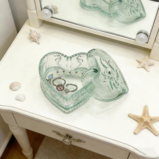 WHSLILR Glass Jewelry Box Heart Shape Cute Box for Storage Ring Earring Trinket Vintage Jewelry Organizer Decorative Gift for Women Girls-GRB021-Blue