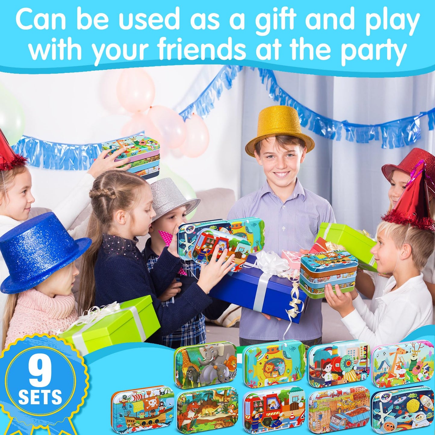 Libima 9 Boxes Party Favors Jigsaw Puzzles in a Metal Box for Birthday Favors Supplies Wooden Puzzle Gifts, 9 Styles, 60 Pieces Each(Delicate Style)