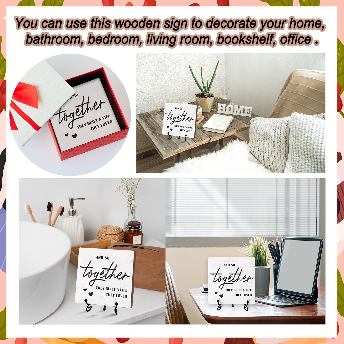 Home Desk Decor Sign, Rustic Wooden Sign With Stand, And So Together They Built A Life They Loved Sign For Farmhouse Home Living Room Bedroom Shelf Table, Family Friend Coworker -D14