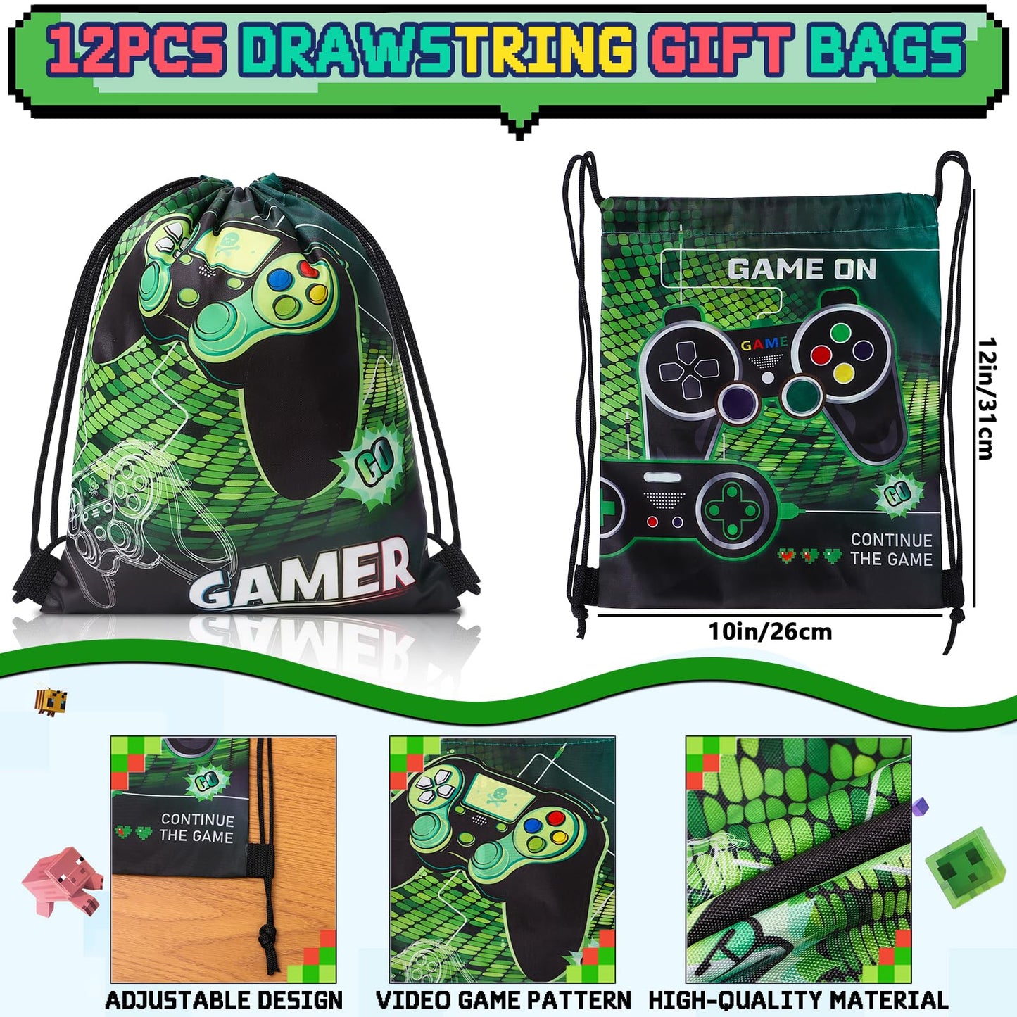 Winrayk 12 Sets Video Game Party Favors Gamer Birthday Supplies, Gaming Drawstring Bag Silicone Wristband Glow In The Dark Tattoos Keychain, Kid Game On Goodie Bag Stuffers Gamer Party favors Supplies