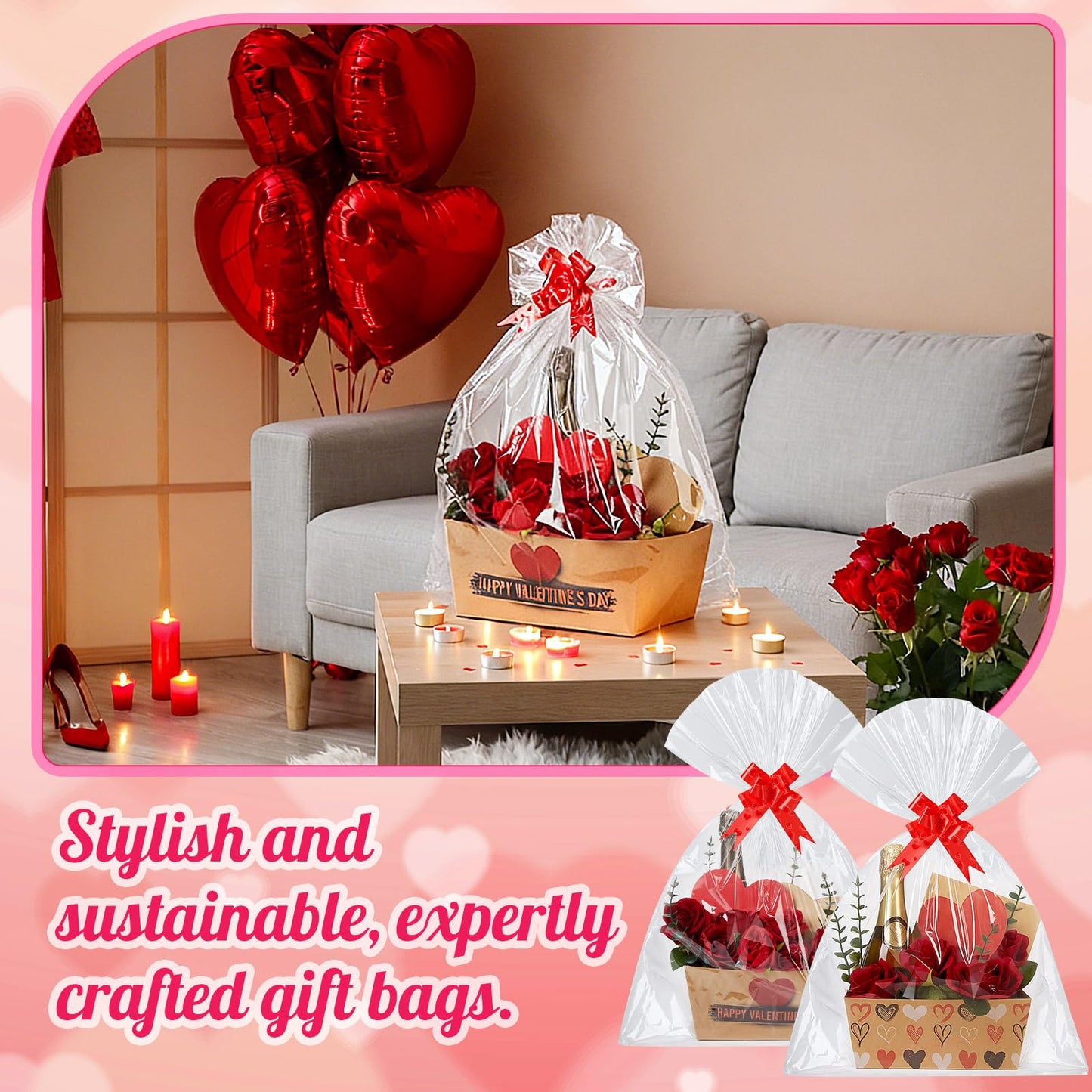 Kolldenn 24 Set Valentine's Day Empty Gift Basket to Fill Kraft Red Heart Bouquet Box with Handles Pull Bows Cellophane Bags and Card for Valentine Party Favor Supplies, 9.8 x 6.5 Inch