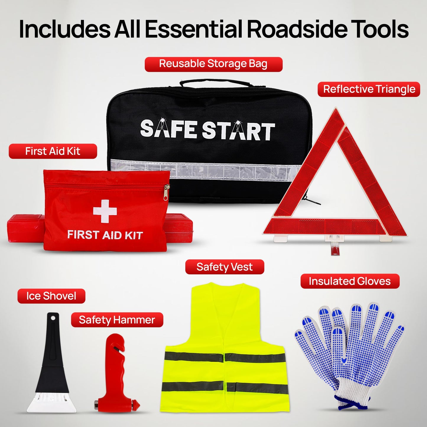 Safe Start Car Emergency Kit - Car Safety Kit with First Aid, Safety Hammer, Reflectors, Gloves, Ice Shovel - Compact Roadside Tool Kit for Repairs, Snow, Accidents - Protect Your Family on the Road