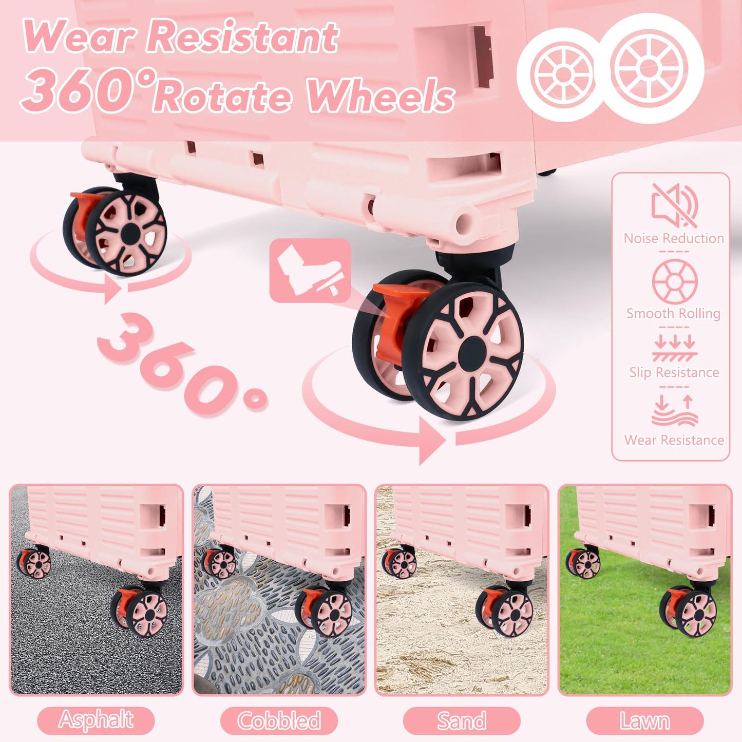 FELICON SELORSS Folding Utility Cart Rolling Crate Tote Basket Box Storage Handcart on 4 Swivel Wheels with Adjustable Handle Extended Magnetic Lid for Teacher Move Shop Travel Grocery Office(Pink)