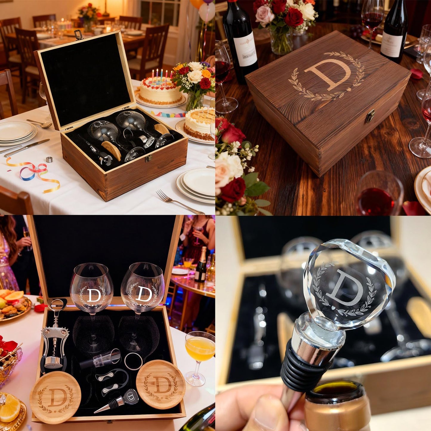 GZLDGIFTS Personalized Initial Wine Glasses Box Gift Set For Women Mom Engraved Birthday Monogrammed Wooden Christmas Gifts Wedding Anniversary Wine Couples Stopper Opener Initial Letterr (A Set)