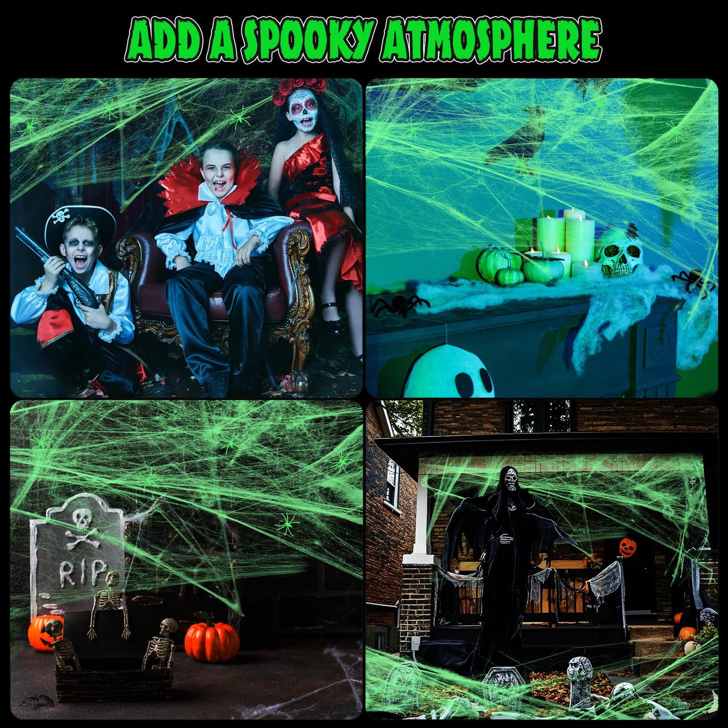 DERAYEE Halloween Glow in The Dark Spider Web Decorations, 700sqft Super Stretch Fake Cobwebs with 50 Plastic Spiders for Halloween Party Indoor Outdoor Supplies (200g)