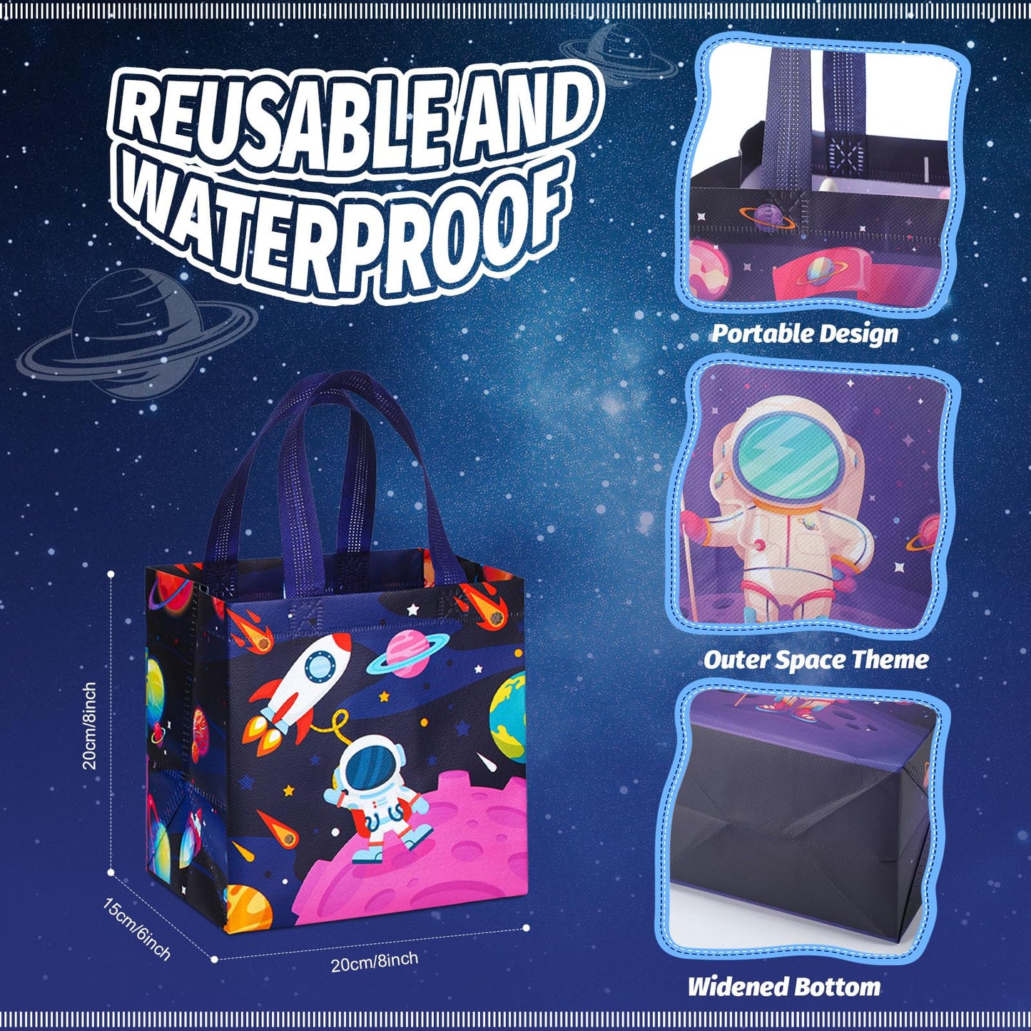 MiniInflat 24 Pcs Space Party Favor Bags Outer Space Non Woven Astronaut Gift Treat Bags with 24 Pcs Slap Bracelets, Reusable Galaxy Goodie Candy Bag with Handles for Astronaut Party Supplies