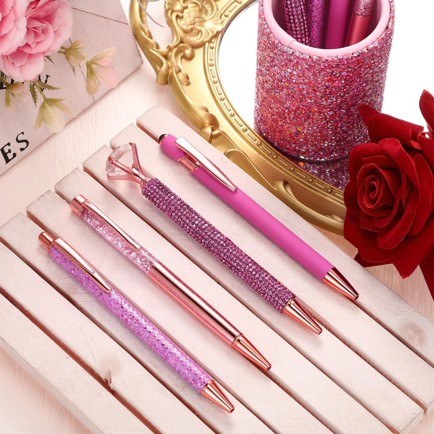 Sabary 8 Pcs Shiny Pink Pens with Pen Holder for Desk Glitter Crystal Diamond Cute Ballpoint Fancy Pencil Holder Bling Desk Organizer for Women Girls School Office Supplies Wedding Graduation Gifts