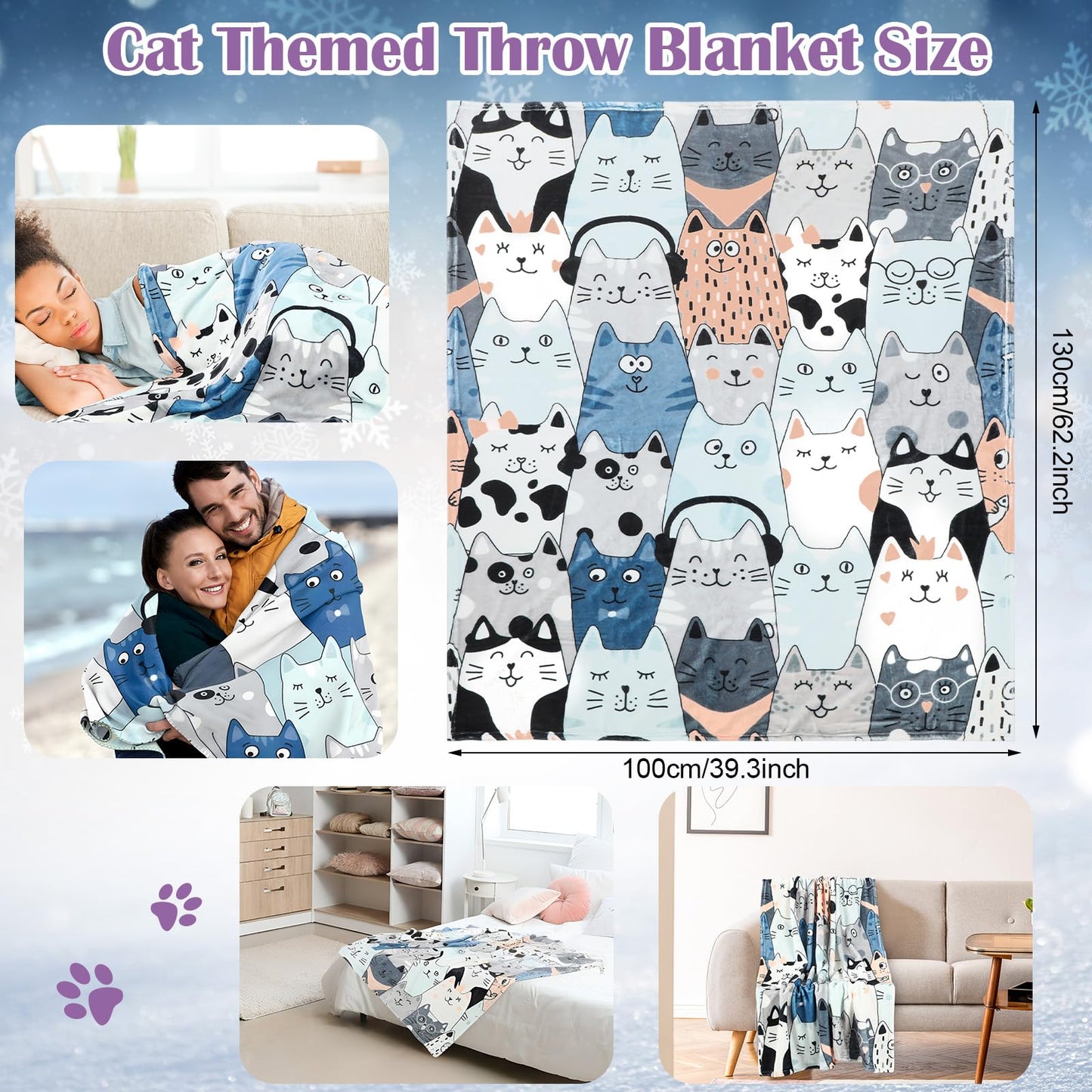 Mepase 6 Pcs Winter Cat Gifts Set for Women Birthday Include Cat Beanie, Scarf, Touchscreen Gloves, Flannel Throw Blanket Makeup Pouch and Transparent Zip Tote Purple Knit Valentine Gift Accessories