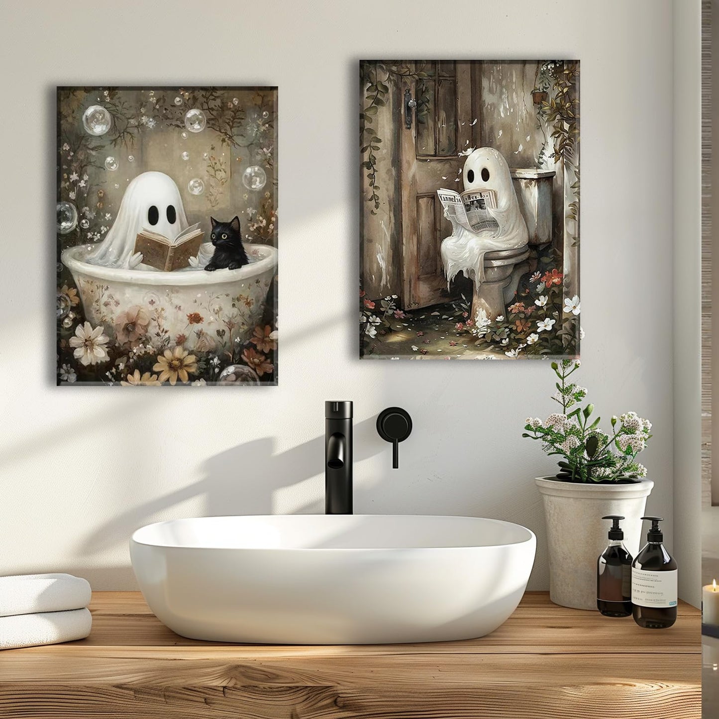 Framed Ghost Canvas Wall Art Set of 2 Cute Ghost Cat Reading in Bathtub Painting Rustic Whimsical Halloween Poster Picture Prints Décor for Bedroom Bathroom Restroom Spa 12x16 Inch