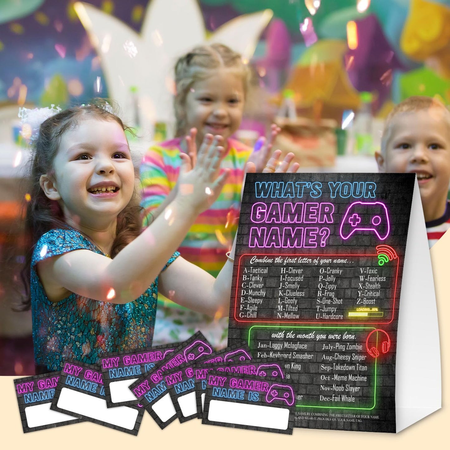 EQIUAG What's Your Gamer Name, Funny Game Night Decorations Cards Set,1 Game Sign and 30 Cards Games, Perfect for Birthday Party Activities
