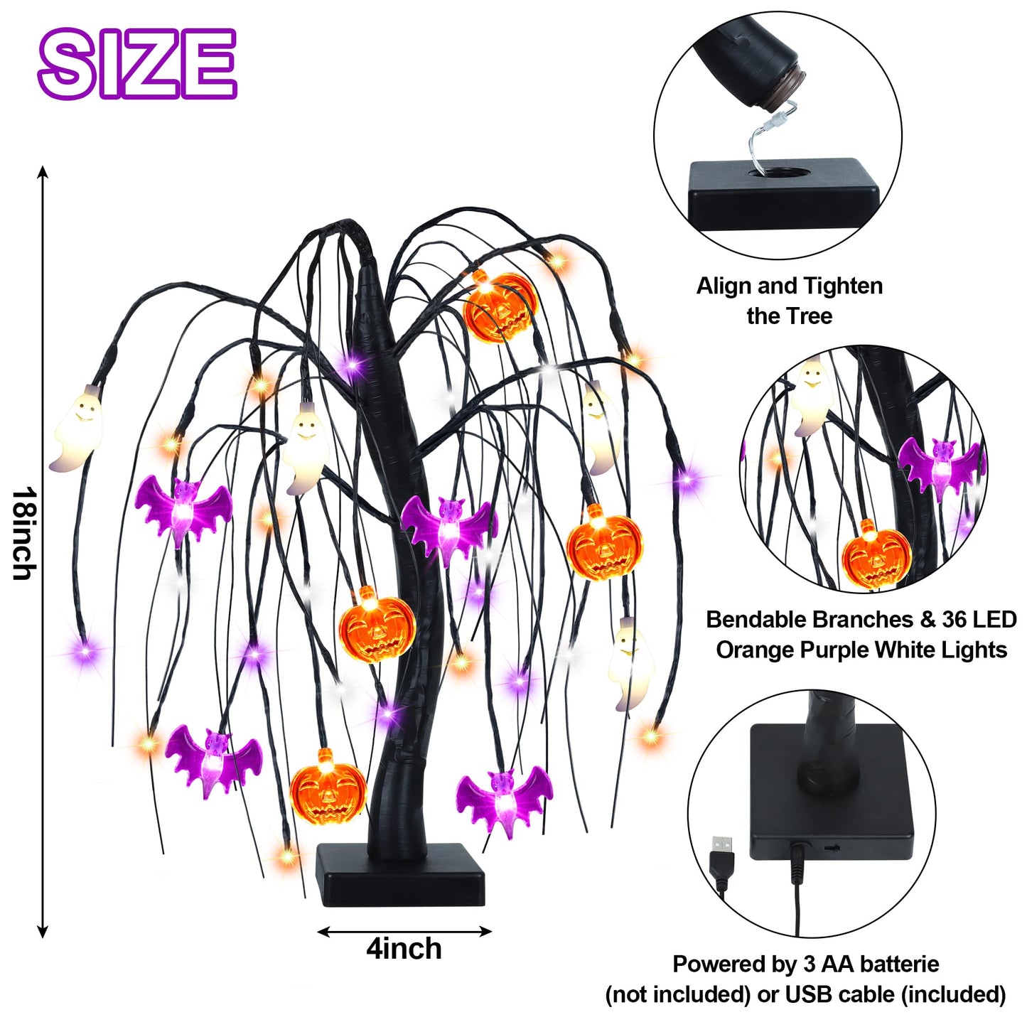 Halloween Table Decorations 18 Inch 36 LED Halloween Willow Tree with Pumpkin Bat Ghost Lights, Timer/USB/Battery Operated Black Halloween Tree Spooky Halloween Decorations Indoor Home Party Room Gift