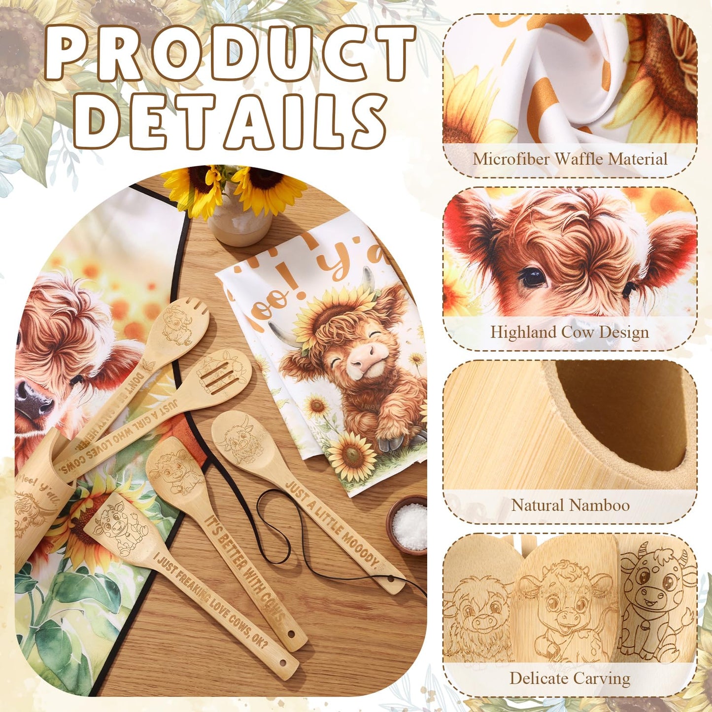 Zhehao 8 Pcs Highland Cow Kitchen Decor Cooking Utensils Set 4 Bamboo Spoons with 1 Utensil Holder 1 Towel 1 Apron Cow Gifts for Women Kitchen Bathroom Home Decorations Housewarming Gifts