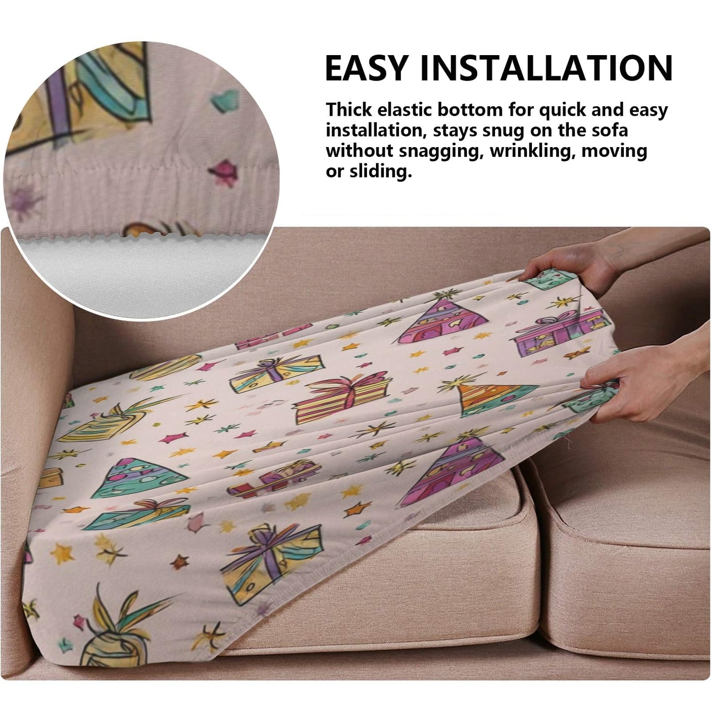 pnyoin Colorfule Gift Box Stretch Individual Seat Sofa Cushion Covers Elastic Couch Cushion Cover Slipcover Sets -3 Piece Sofa Cushion Covers