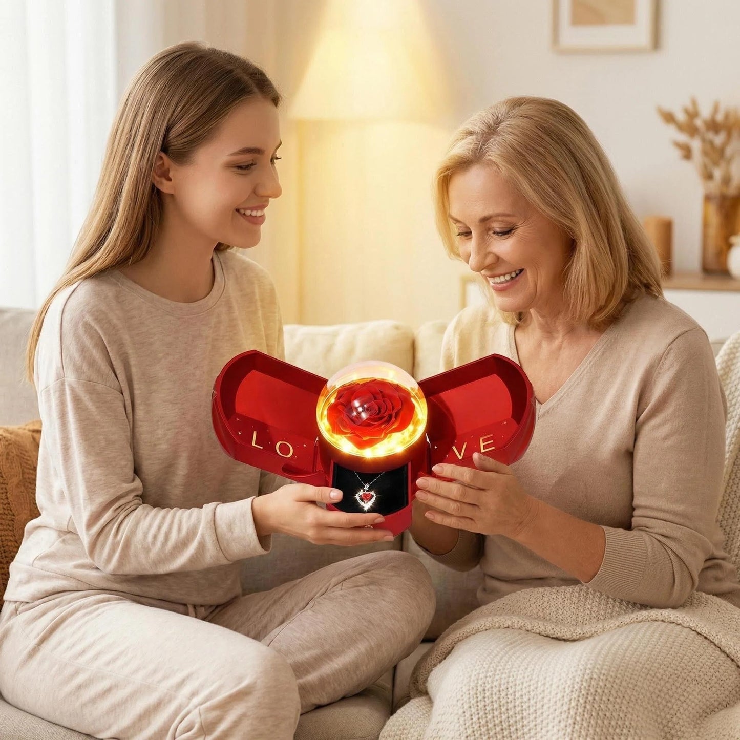 Mifgra Preserved Rose Jewelry Gift Box with Heart Necklace – Eternal Rose LED Light Gift Set for Women, Perfect for Valentine's Day, Birthday, Mother's Day, Girlfriend, Wife, Mom
