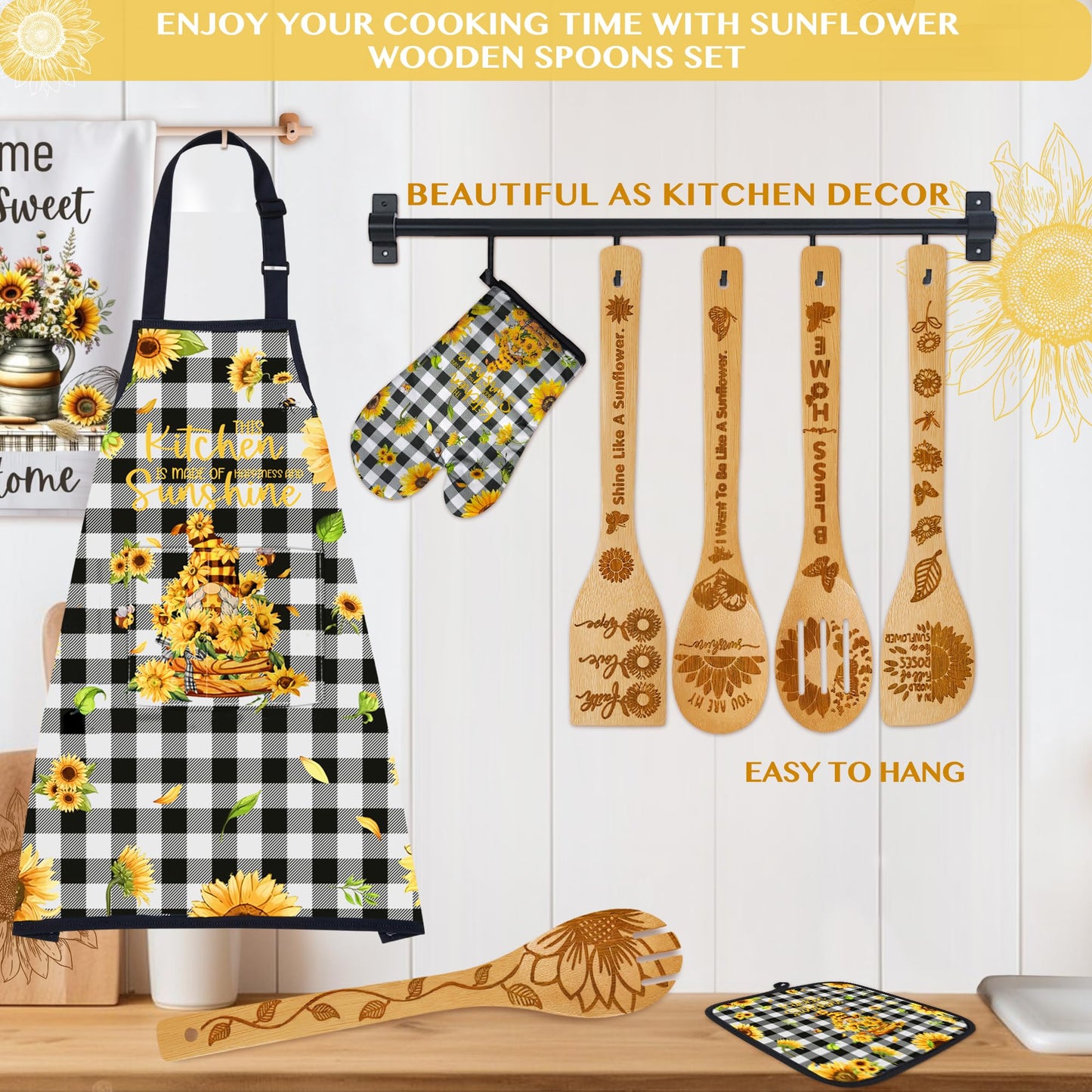 8PCS Sunflower Kitchen Bamboo Cooking Spoon Utensil Set with Apron Oven Mitt Pot Holder -Sunflower Themed Decor Gifts for Women,Mom,Housewarming,Christmas,Birthday Gift