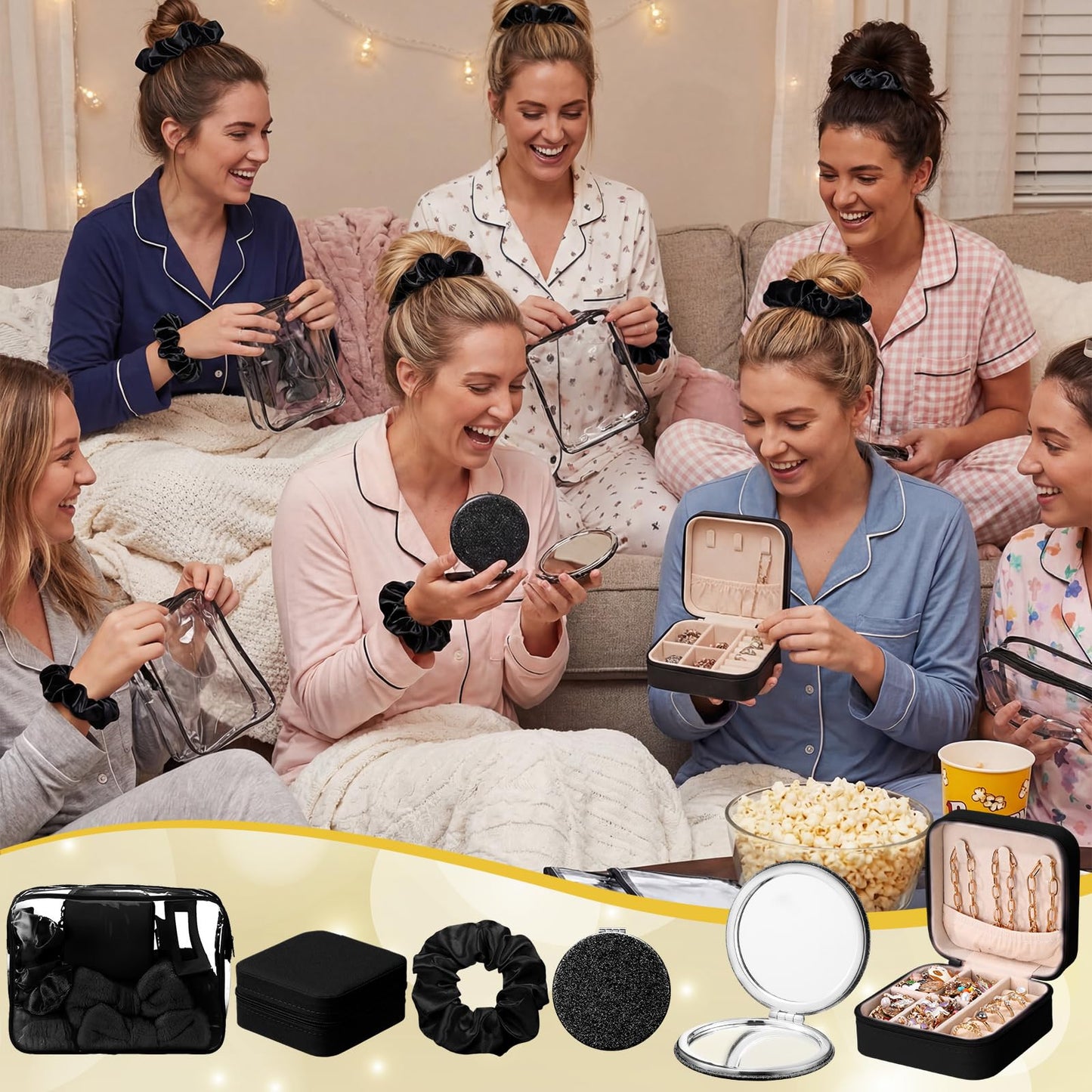 Yalikop 24 Pcs Spa Party Favor 6 Jewelry Boxes 6 Scrunchies 6 Glitter Mirrors 6 Bag Gift for Mother's Day Bridal Bachelorette Party (Black)