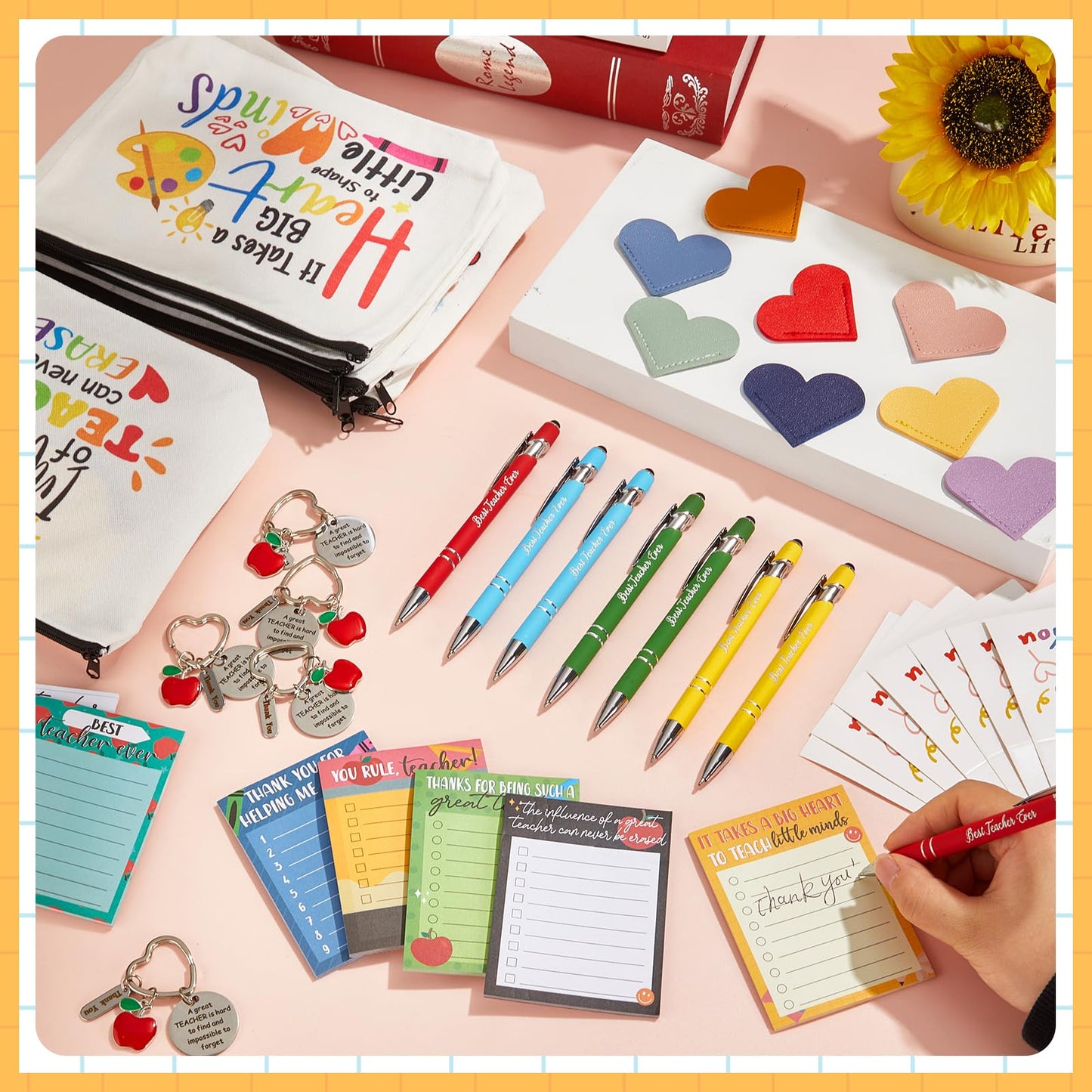 48Pcs Teacher Appreciation Gifts Bulk for Women with Sticky Notes Bookmark Key Chain Makeup Bags Pens Thank You Card Motivational Teacher Gifts Set for Teachers School Graduation Office Supplies