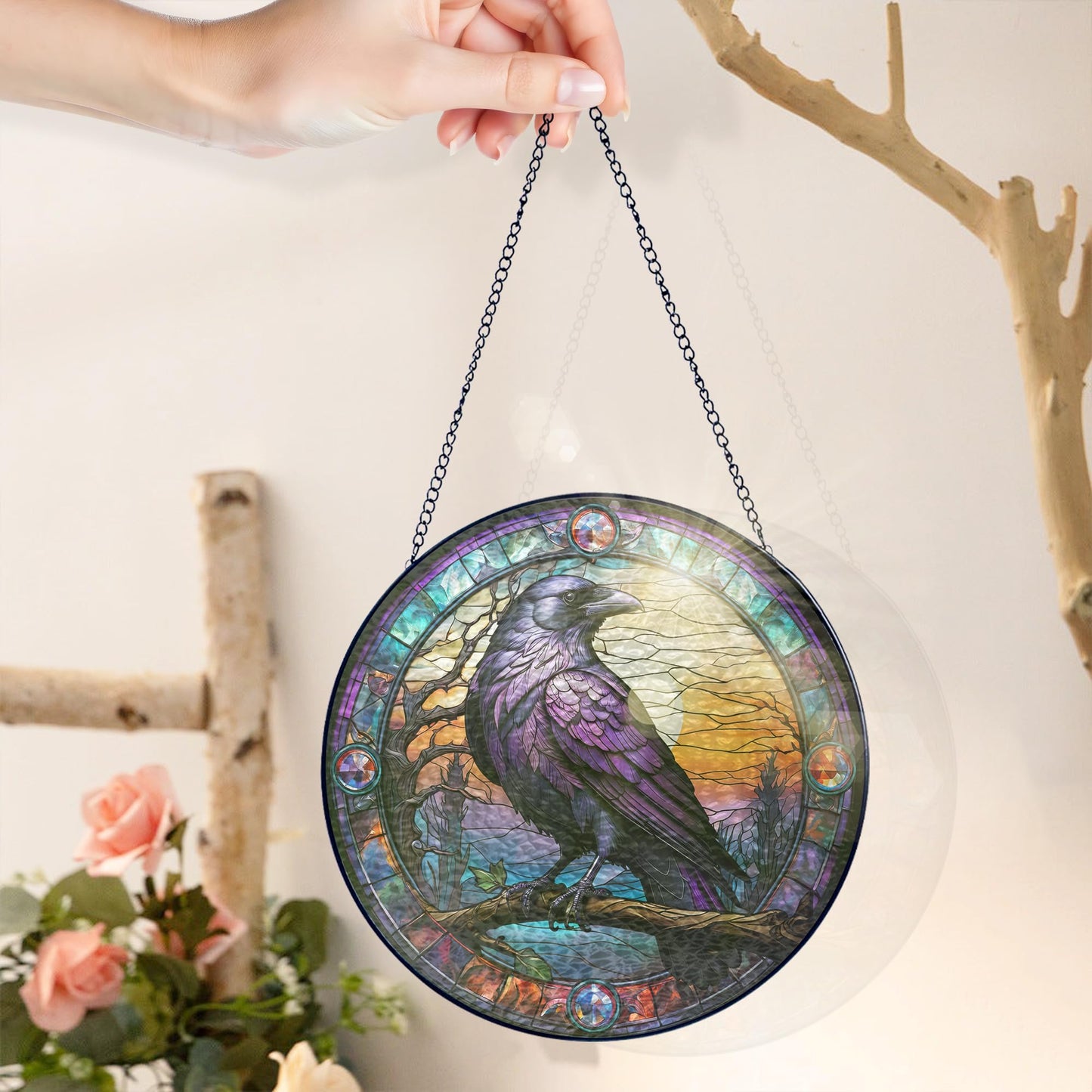 FLAGWIX Raven Stained Glass Window Hanging 8 in - Crow Gifts Decorations - Black Crow Sun Catchers Indoor Window for Gothic Home Decor, The Raven Gifts for Women Men Friends Family