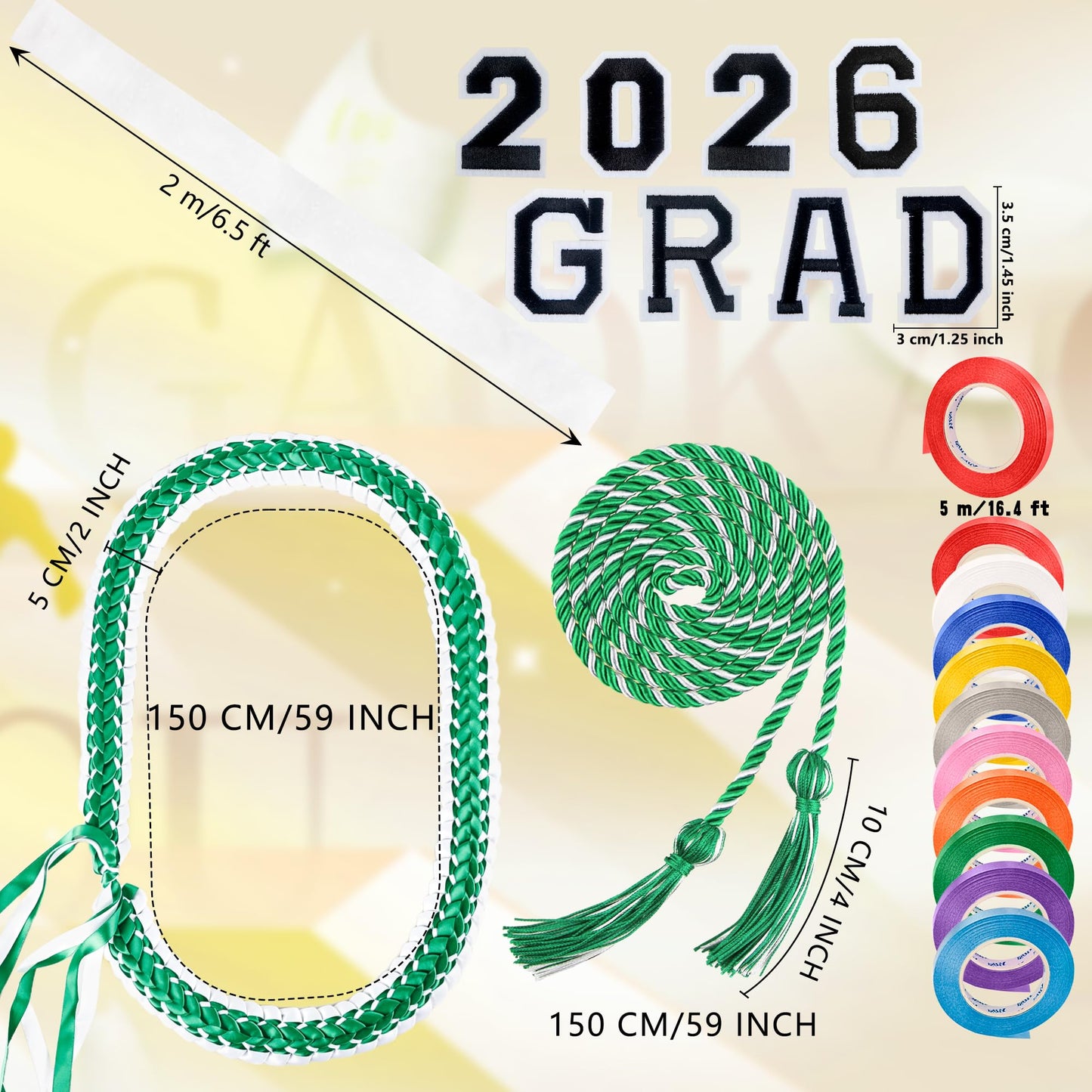 Flahard 17 Pcs Graduation Ribbon Lei Graduation Candy Lei Kit with Honor Cord Graduation Gifts Party Supply Women and Men (Green with White)