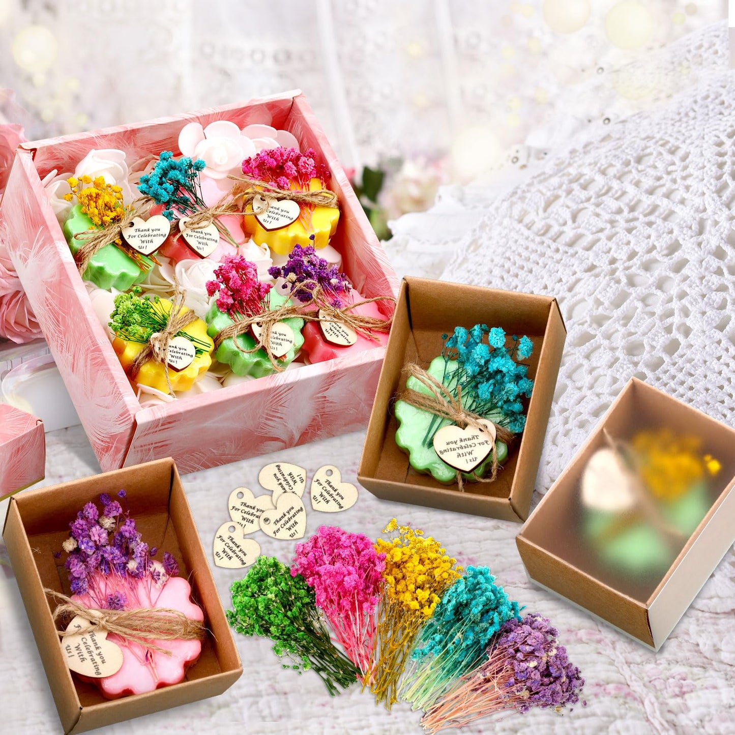 Kigeli Set of 45 Soap Favors DIY Bridal Shower Favors Bulk Wedding Soap Gifts Baby Shower Scented Soap Favors Natural Handmade Soap Bars for Wedding Bridal Shower (Green, Yellow, Red, Flower)