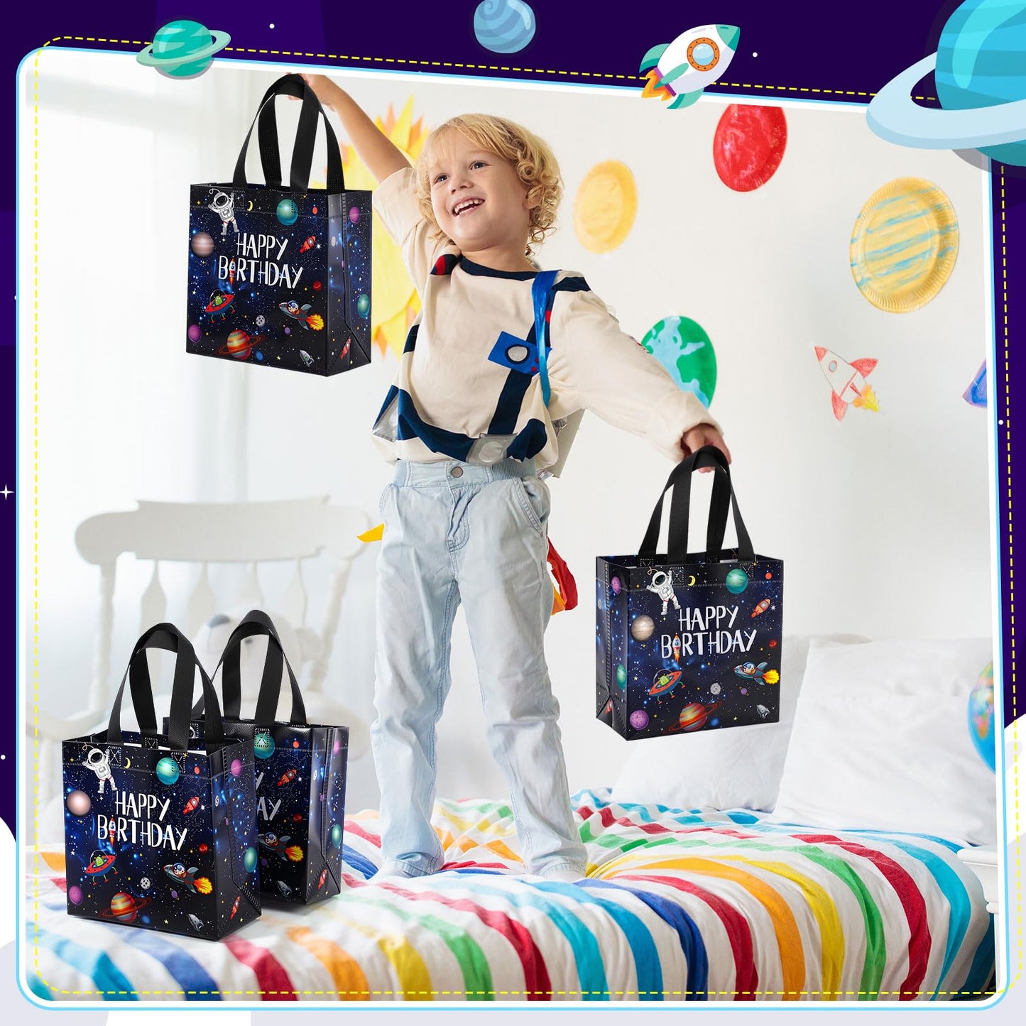 Tiamon 30 Pcs Outer Space Birthday Party Favor Bags Bulk Space Happy Birthday Gift Bags with Handles Reusable Non Woven Planet Goodie Treat Astronaut Present for Galactic Solar System Party Supplies