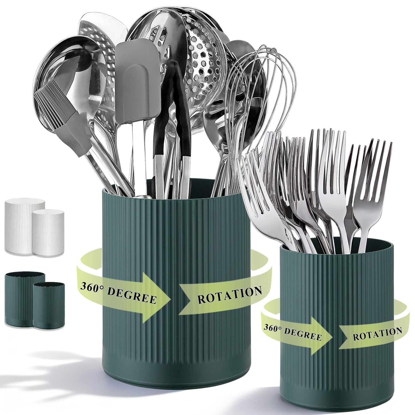HOMQUEN 360° Rotating Utensil Holder, 6.3''+4.7'' Plastic Kitchen Utensil Holder for Countertop, Large Cooking Utensil Crocks for Kitchen Decor, Utensil Organizer for Spatula, Set of 2 (Green)