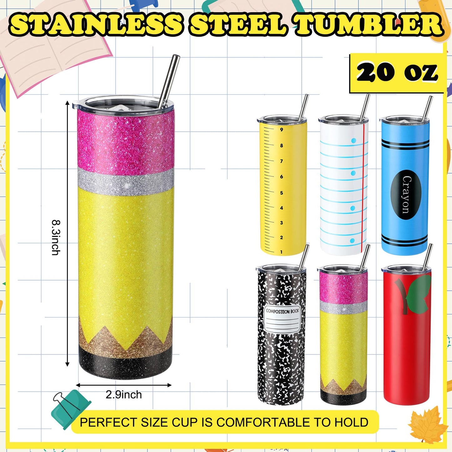 Skylety 18 Pcs/ 6 Sets Teacher Appreciation Gift Bulk Cute Teacher Gifts 20 oz Stainless Steel Tumbler Keychain Ballpoint Set for Graduation End of Year Educator (Vivid Stationery Style)