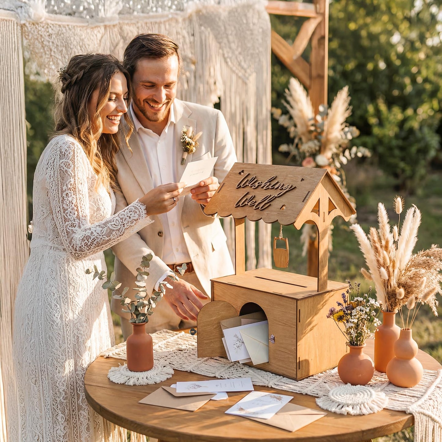 OurWarm Wooden Wishing Well Wedding Card Box with Lock & Flower Trough, Brown Wedding Card Boxes for Reception, Rustic Box for Cards at a Party for Birthday Graduation Baby Shower Reception Decor