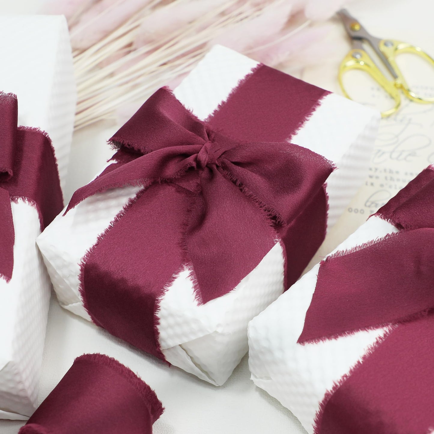 Keypan Burgundy Ribbon for Gift Wrapping, Silk Satin Chiffon Frayed Fabric Ribbons for Crafts Flower Bouquets Wedding Invitation Decor Christmas 1-1/2 Inch x 21 Yd