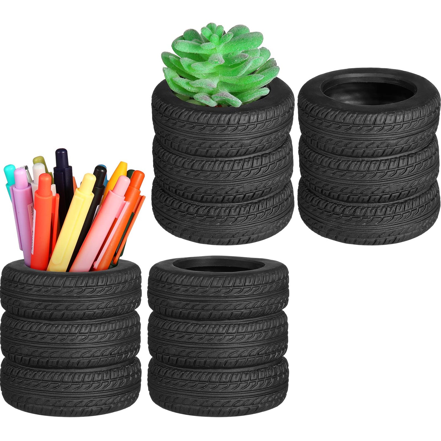 Crtiin 4 Pcs Tire Shaped Pen Holder Car Tire Planter Holder for Men Mechanic Gift Desk Office Home School Accessories Decor Christmas Novelty Funny Supplies Cactus Succulent Planter Pot