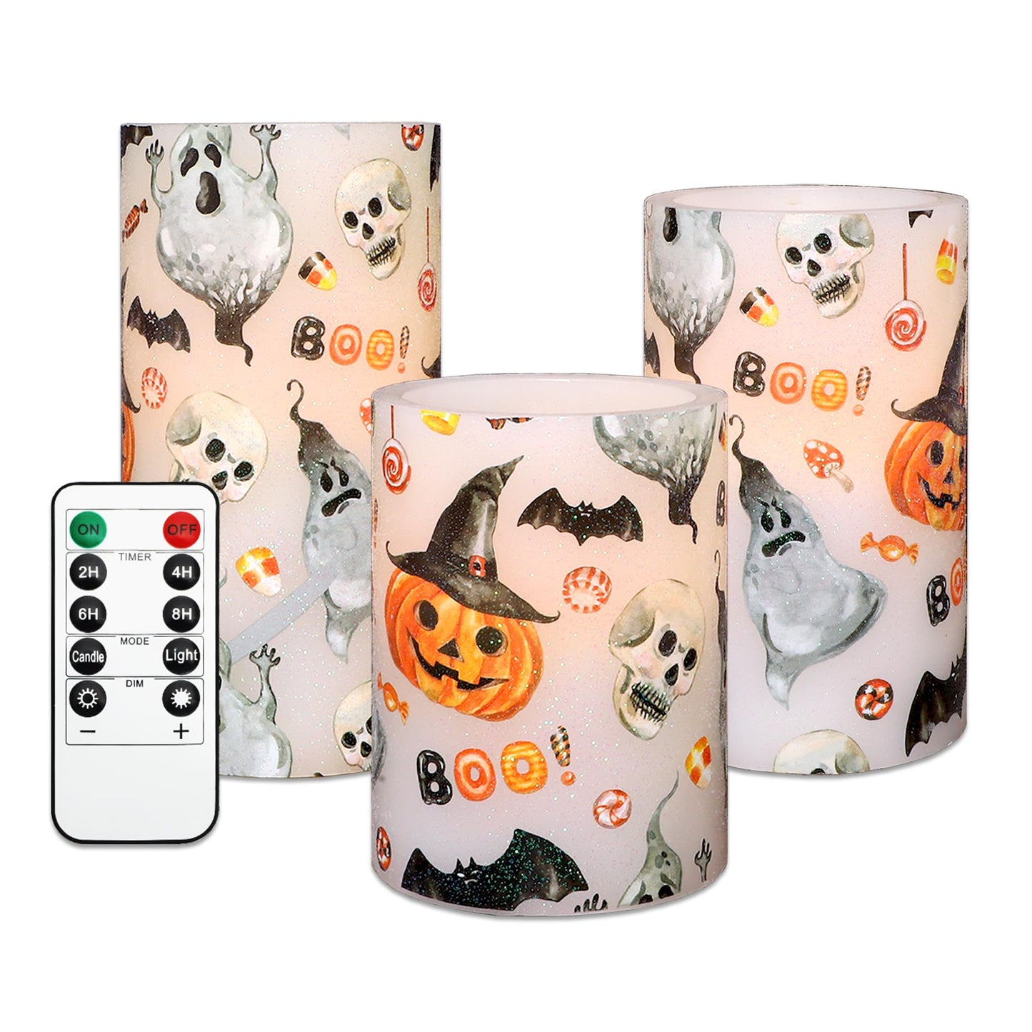 Halloween Ghost Flameless Candles with Remote Timer Cute Cartoon Pumpkin Skull Bat Battery Operated Real Wax Flickering LED Pillar Candle Horror Spooky Decoration for Halloween Home Party House Gifts
