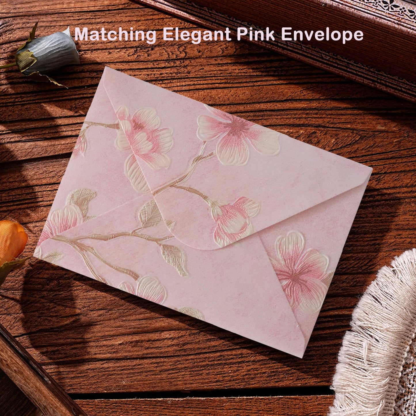Vintage Floral Envelopes - Set of 15, Perfect for Letters, Invitations, Greeting Cards, and DIY Crafts, Includes 15 recycled paper blank cards(Pink)