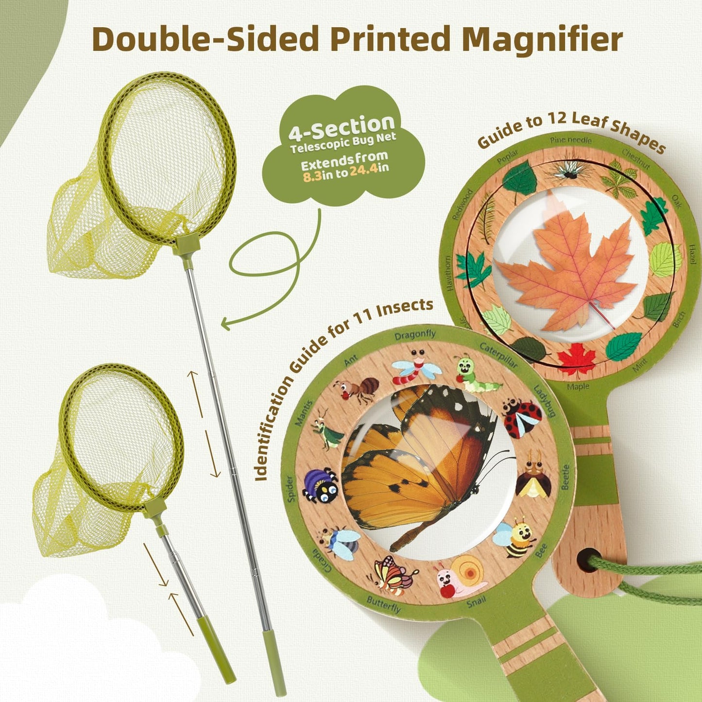 Wooden Bug Catcher Kit for Kids, Bug Catching & Insect Explorer Set with Butterfly Net, Magnifying Glass, Bug Container, Nature Exploration Outdoor Adventure Toy, Camping Gifts for Boys Girls Age 3-12
