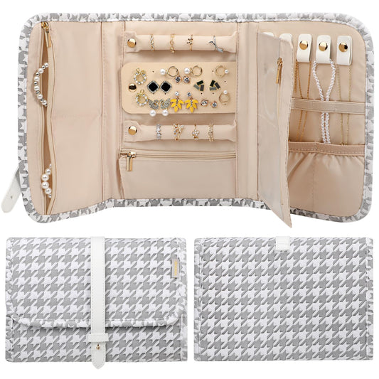 Voova Travel Jewelry Holder Organizer Case, Large Jewelry Storage Bag for Women Girls, Foldable Traveling Jewellery Pouch Roll for Necklaces Rings Earrings Bracelets, Grey+White