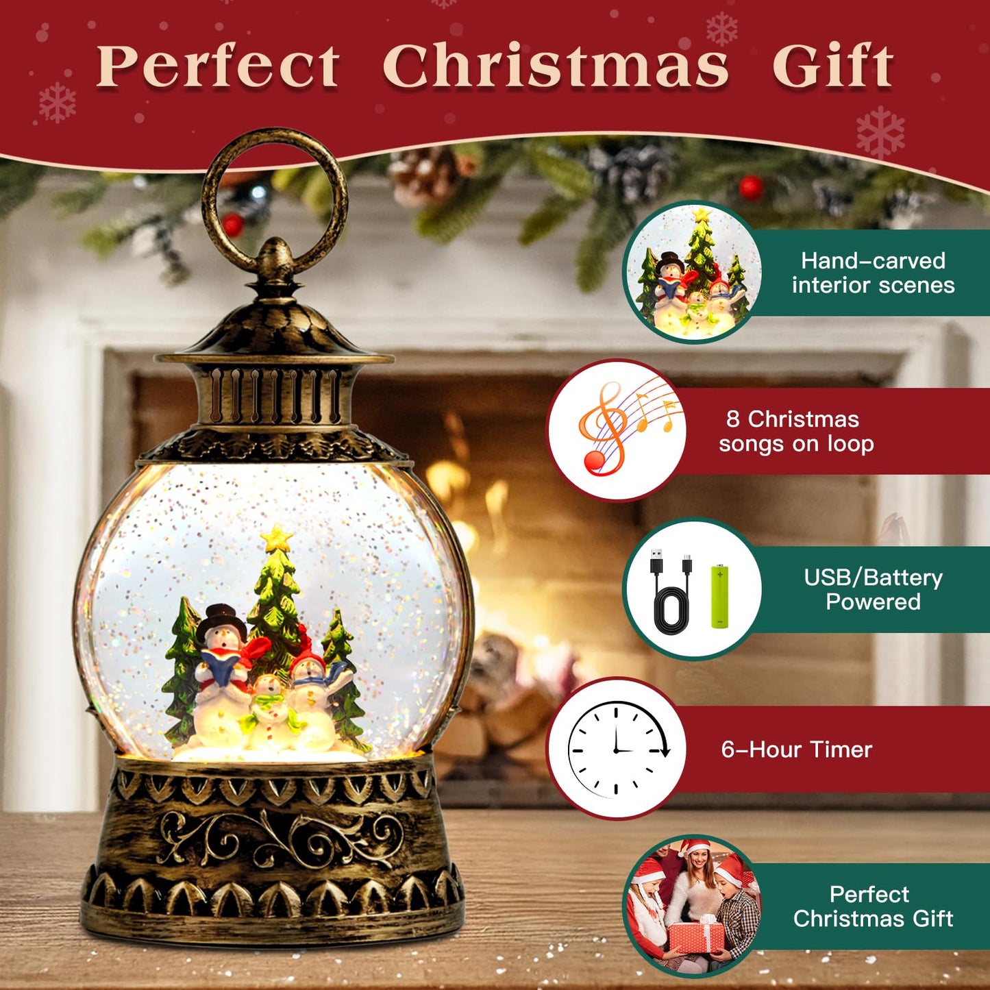 Christmas Snowman Snow Globe, Snowman Musical Snow Globe Lantern Lights with 6H Timer Battery & USB Powered, Retro Style Holiday Glitter Globe for Xmas Home Decoration Holiday Party Gifts