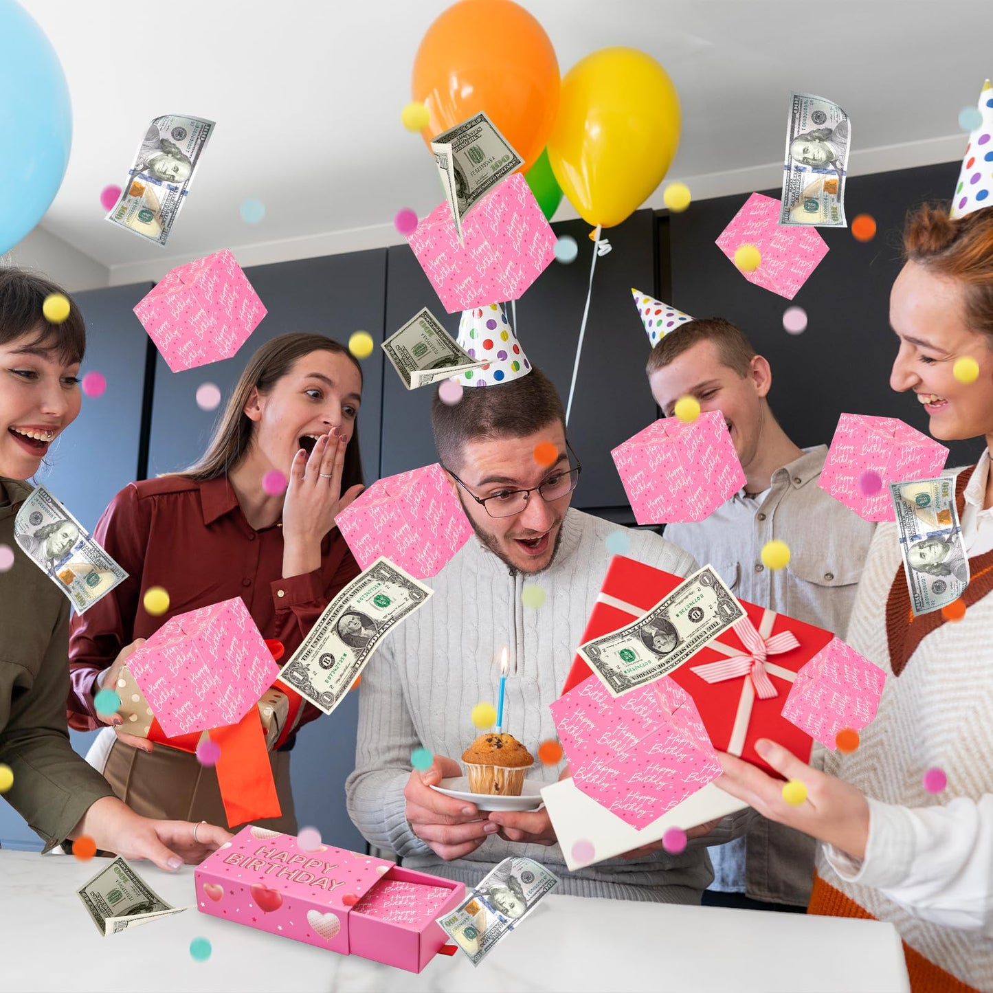WenmthG Happy Birthday Surprise Gift Box Explosion for Money - DIY Pop Out Folding Bounce Explosion Gift Box with Confetti - Birthday Money Bank - Cash Gift Idea for Women Men Kids (Pink)