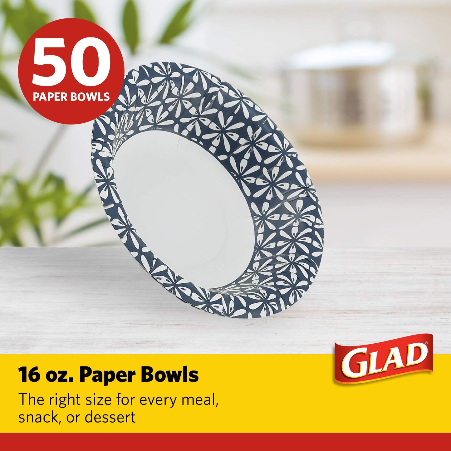 Glad Round Disposable Paper Bowls, Blue Mosaic Design - Heavy Duty, Soak-Proof, Cut-Resistant, Microwavable Paper Bowls for All Foods, Daily Use, and Special Occasions, 16 oz, 50 Count