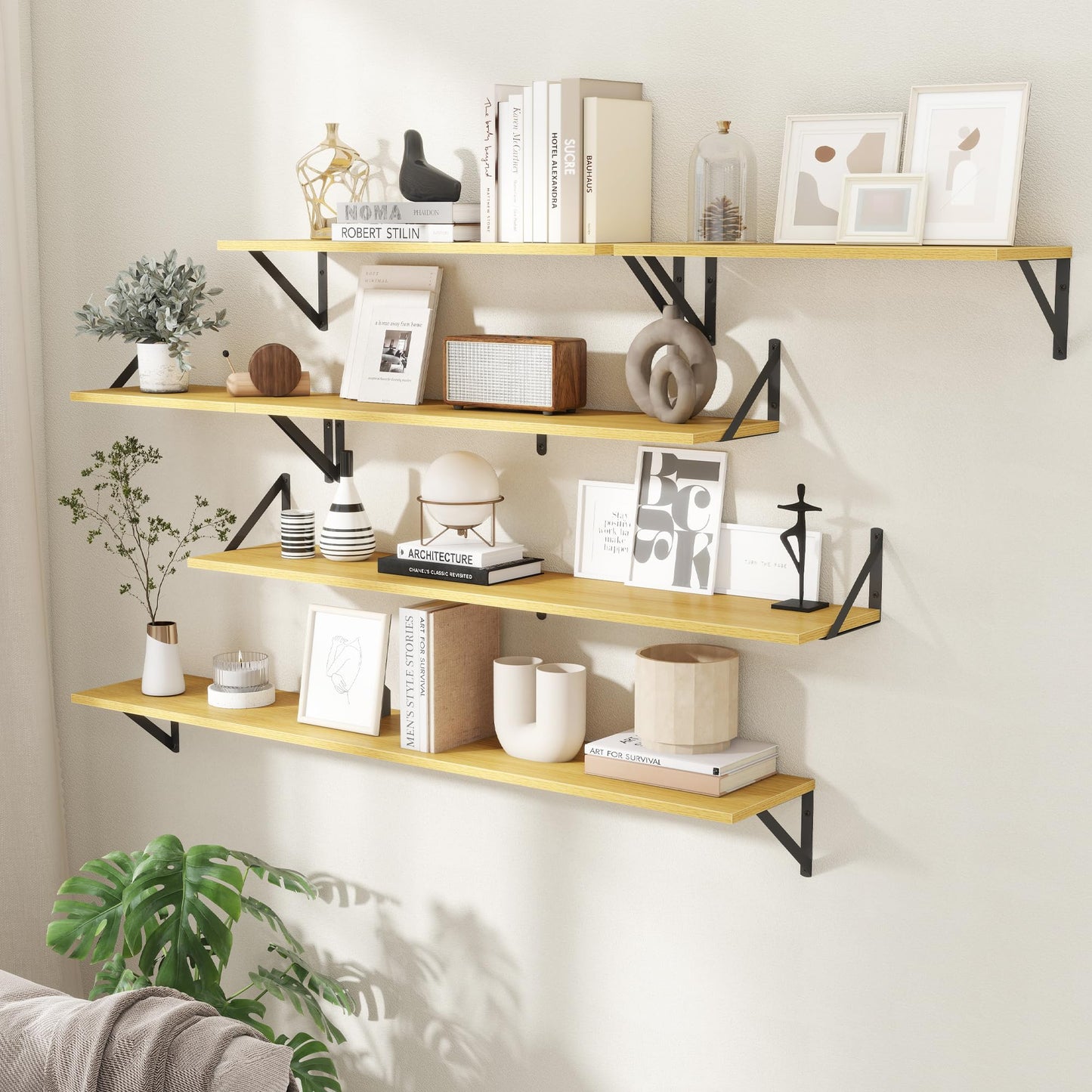 Acovy Floating Shelves for Wall,48" Wx8 D Wood Wall Shelves,Hanging Storage Floating Shelf with Metal Brackets,Wide Floating Bookshelf for Living Room,Office,Bedroom,Bathroom,Set of 2,Oak