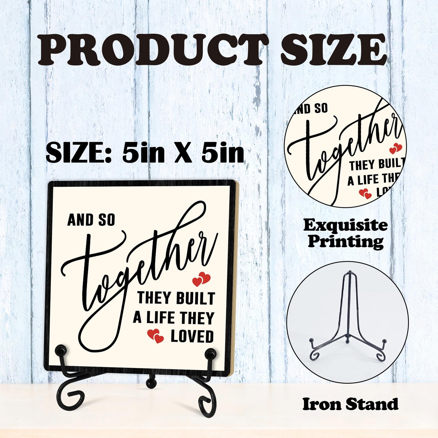 Home Desk Decor Sign, Rustic Wooden Sign With Stand, And So Together They Built A Life They Loved Sign For Farmhouse Home Living Room Bedroom Shelf Table, Family Friend Coworker -D12