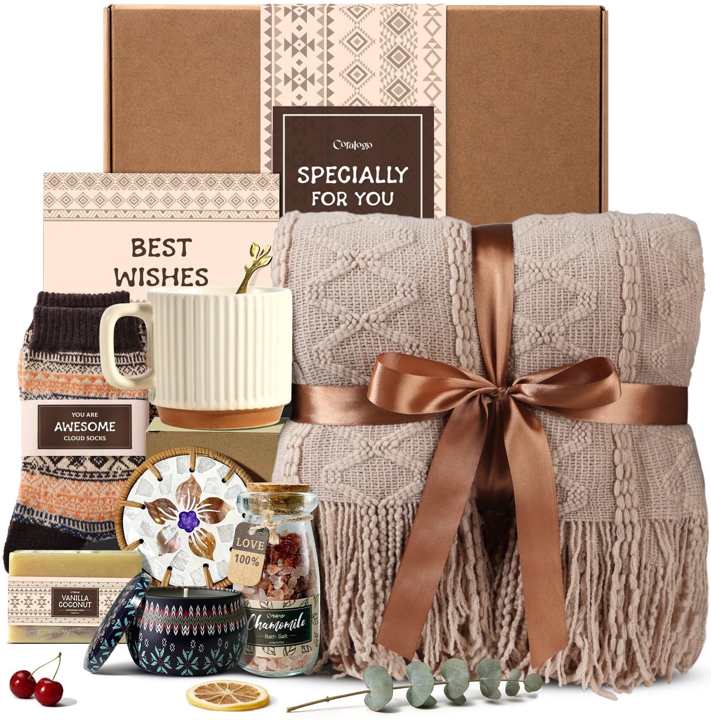 Coralogo Mothers Day Gift Bakset for Women - Unique Spa Bohemian Basket with Soft Blanket, Warm Socks, Blank Card, Boho Gifts for Women, Birthday, Mother's Day, Get Well, Self Care, Thinking of You