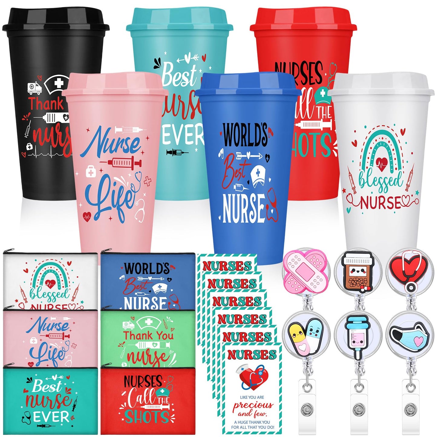 Skylety 24 Pcs Nurse Appreciation Gifts Bulk Christmas Nurse Gift Set for Women with 6 Coffee Cups 6 Badge Reels Clips 6 Makeup Bag 6 Greeting Cards for Lpn Rn Practitioner Gifts Bulk